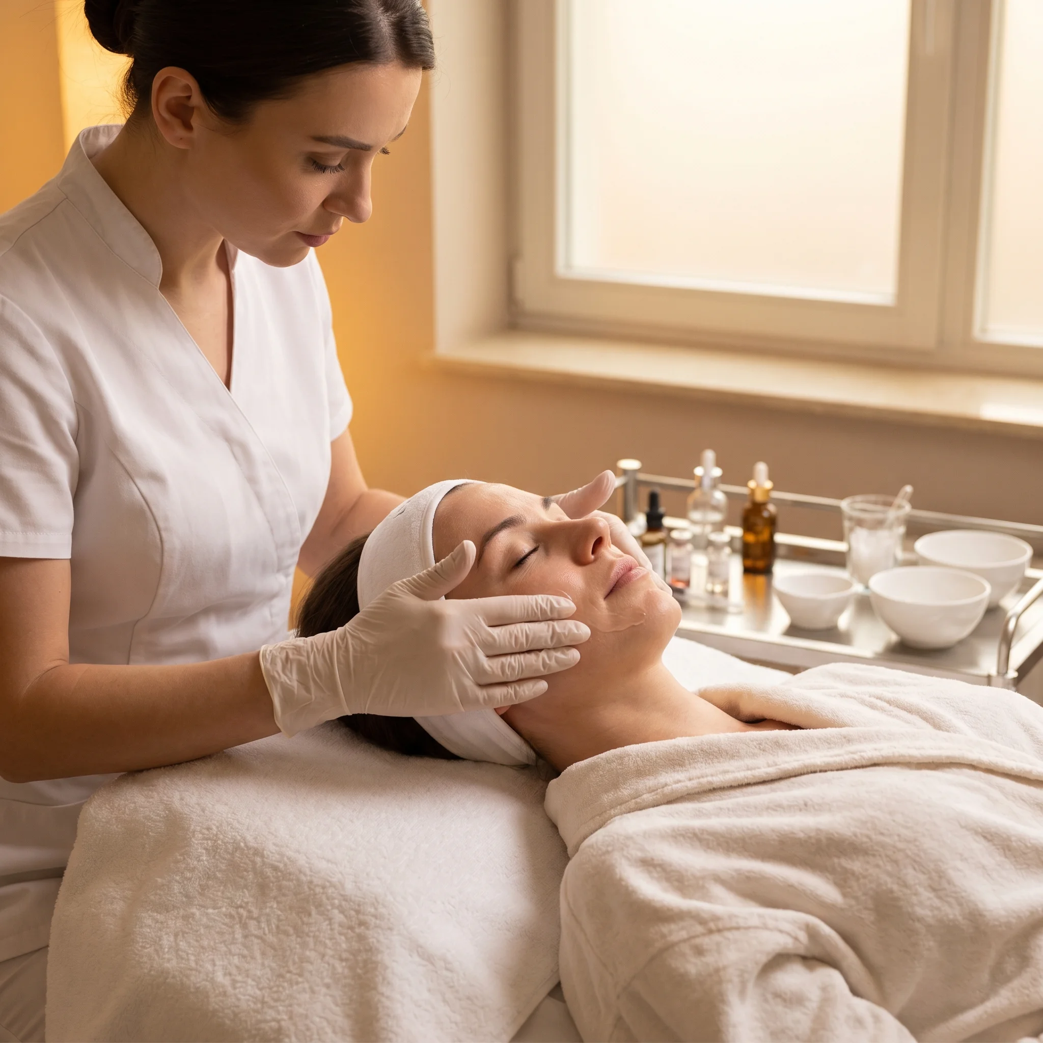 Close-up of a facial treatment targeting fine lines with serums and massage techniques