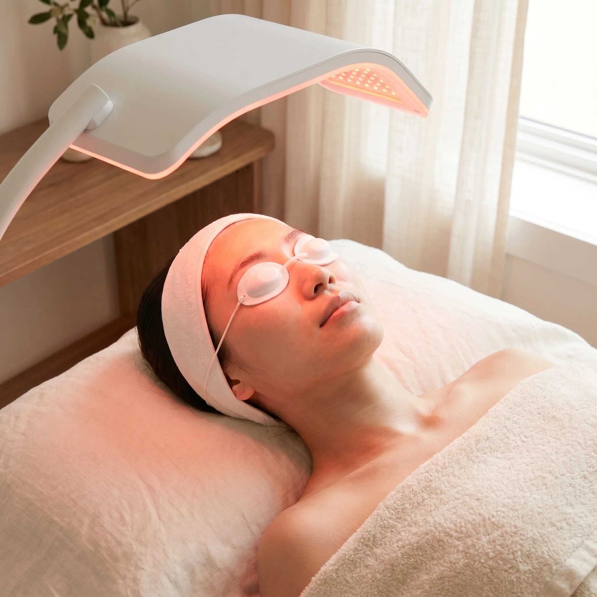LED light therapy facial with red and blue light panels used for skin rejuvenation