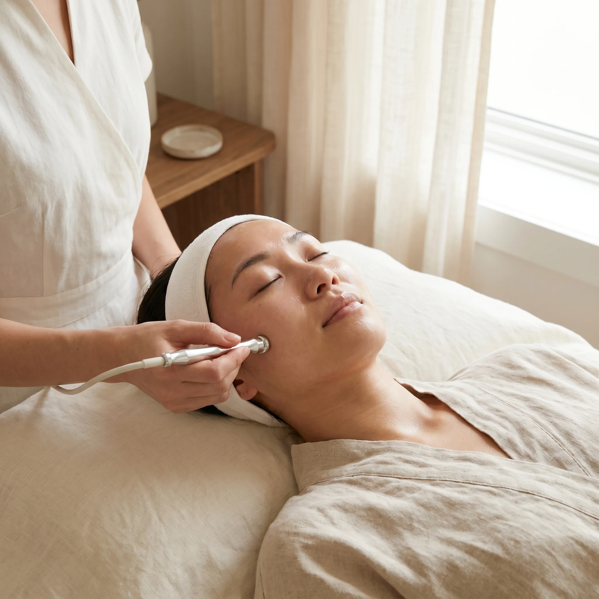 Microdermabrasion treatment being performed with professional exfoliation equipment