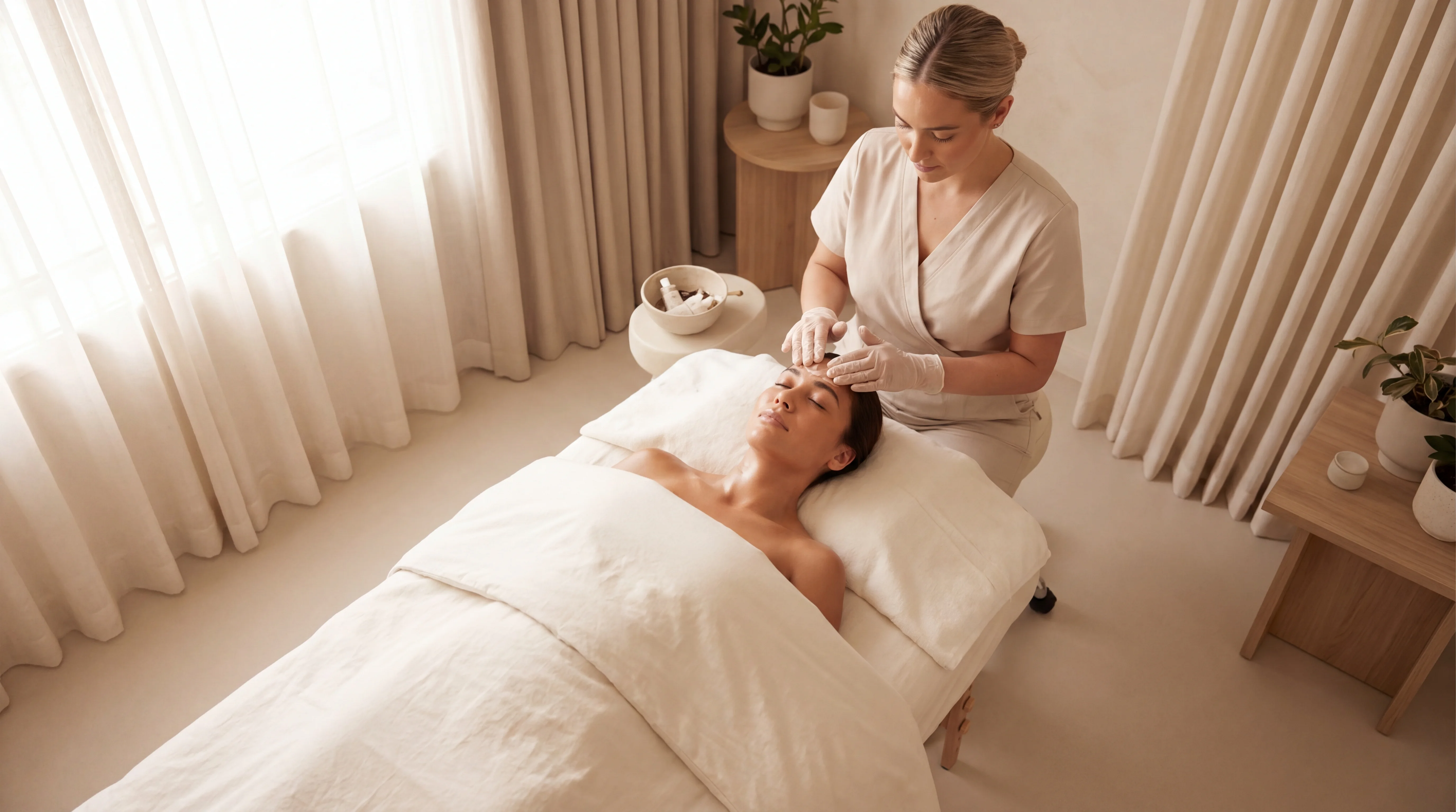 Serene spa treatment room with soft lighting and clean linens