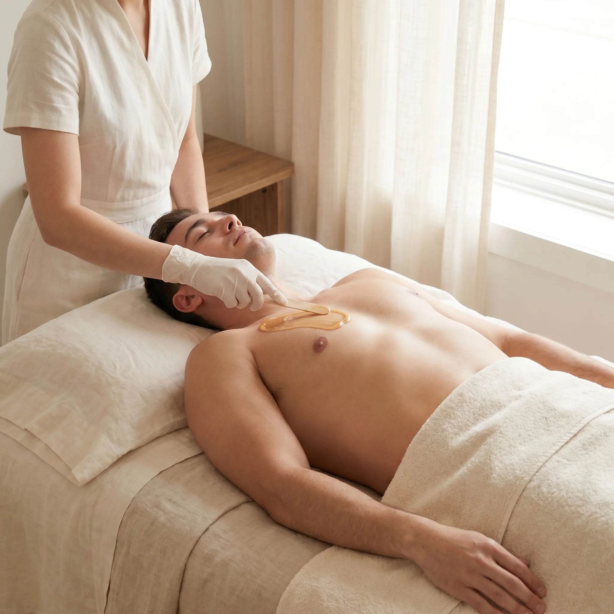 Chest and abdomen waxing treatment for smooth results on the front torso