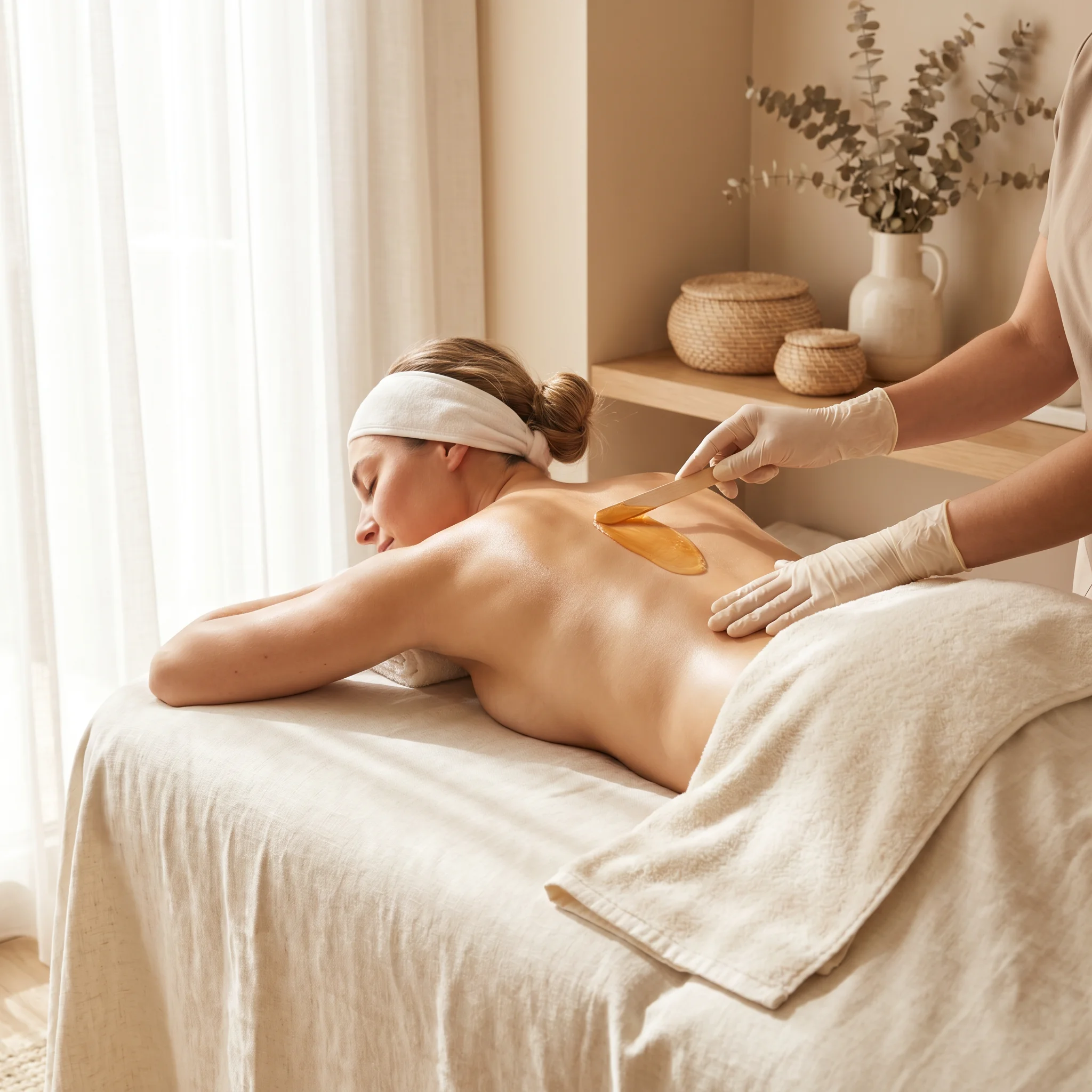 Full back waxing treatment for men or women using professional-grade wax